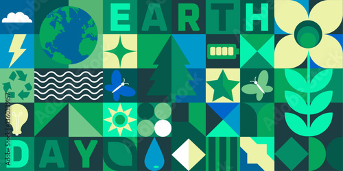 Earth Day Bauhaus geometric abstract background.  Horizontal vector illustration. simple shapes and icons flat minimalist style. illustration with eco-friendly symbols green environmental background