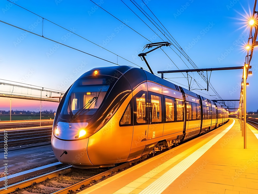 Fototapeta premium Modern train gleaming under station lights at twilight poised on the tracks for departure.