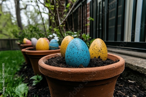 Easter eggs hidden in flower pots and behind trees in a backyard