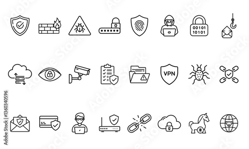A detailed collection of 24 outline icons representing digital protection, cybersecurity, data privacy, and online threat prevention. 