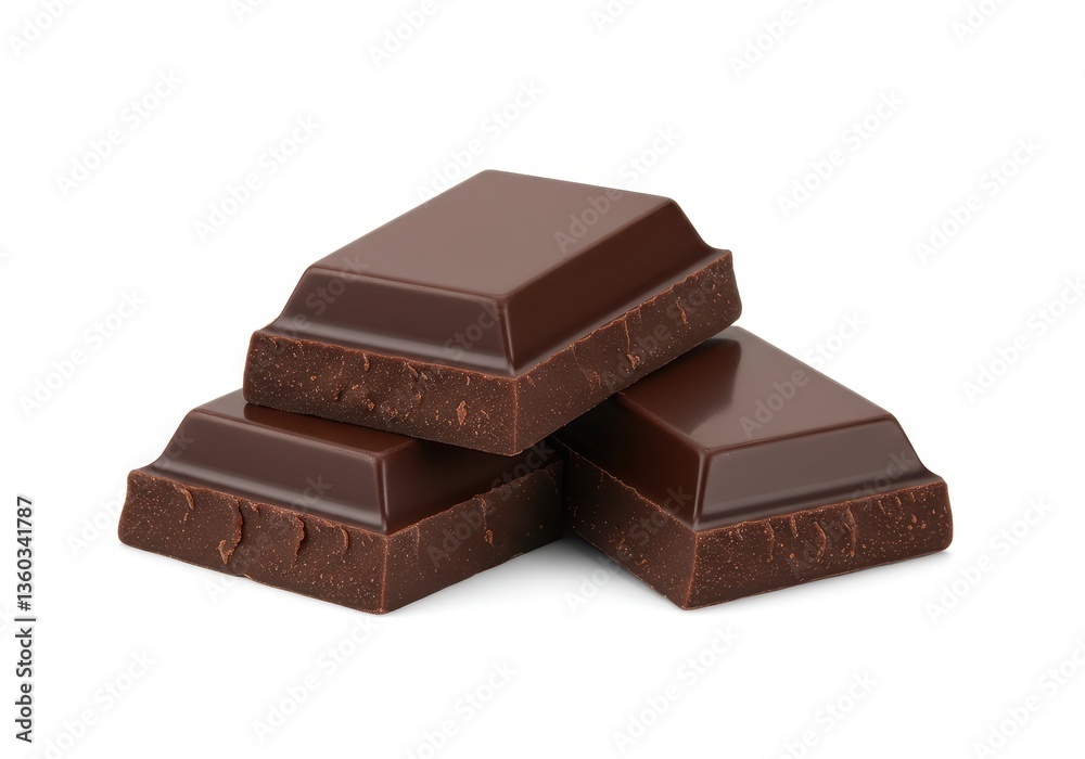 Three pieces of dark chocolate bar stacked slightly showing smooth texture and rich color isolated on white background Three pieces of dark chocolate bar stacked slightly showing smooth texture and rich color isolated on white background