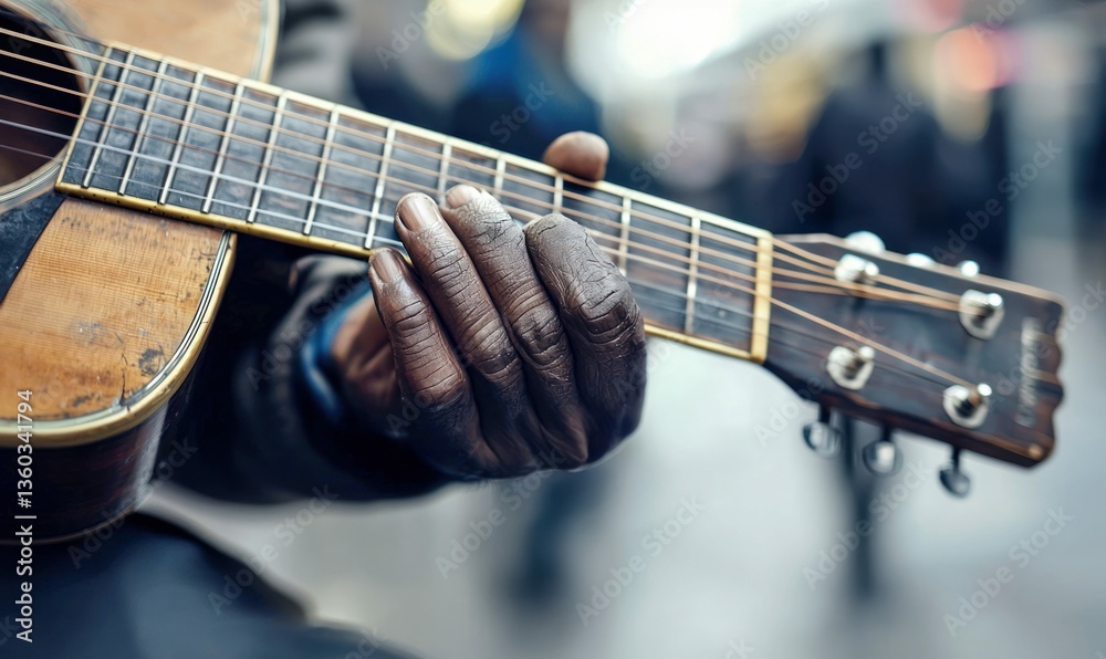 Obraz premium A guitarist's weathered hands create music, skillfully playing chords on an acoustic guitar.