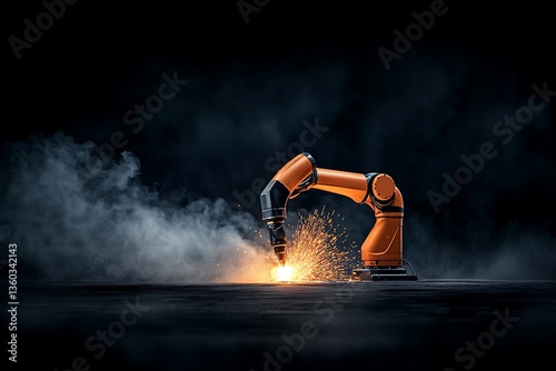 Robotic arm welding sparks dark.