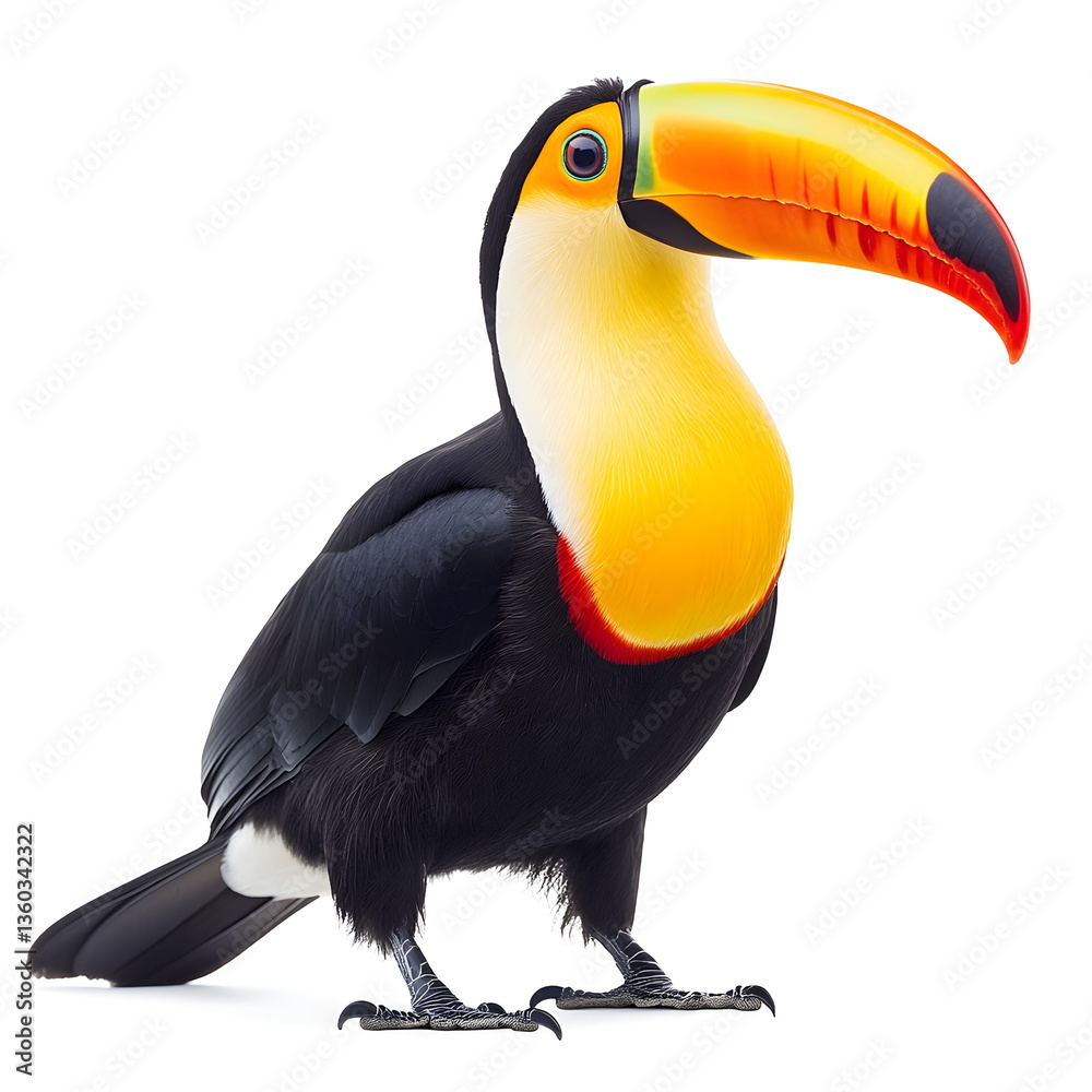 Fototapeta premium A realistic portrait of a toucan standing in side view, isolated on a white background. A sleek, well-built tropical bird with smooth black plumage, a vibrant yellow throat, a large, curved multicolor