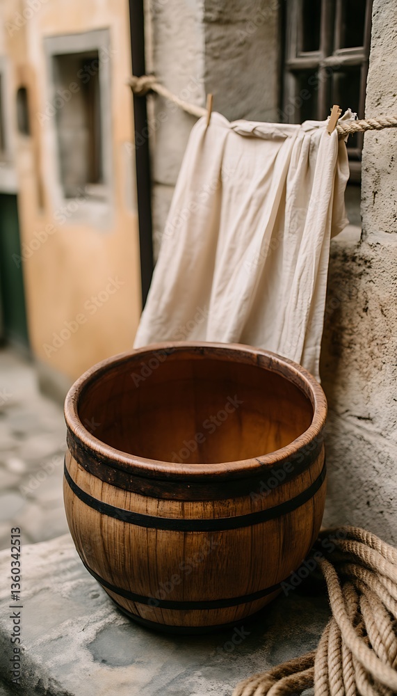 Fototapeta premium Wooden Barrel, Linen Cloth, Old Building Exterior