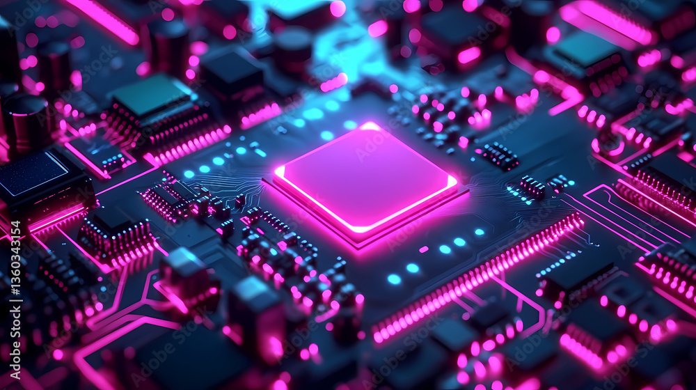 Circuit board close-up with glowing lights