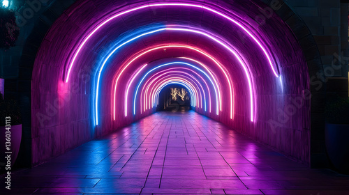 Vibrant neon-lit tunnel with colorful arches, leading to a distant illuminated figure, creating a surreal atmosphere