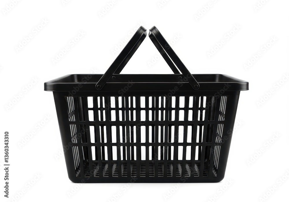 Empty black shopping basket with two handles raised isolated on white background Empty black shopping basket with two handles raised isolated on white background