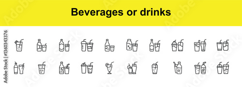 Beverage Icons Drinks, Bottles, Cups, and Straws Collection