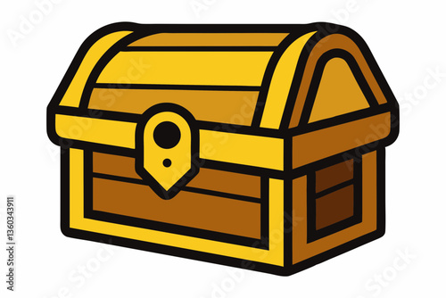 An old, brown wooden chest, closed with a metal lock, isolated and filled with gold treasure