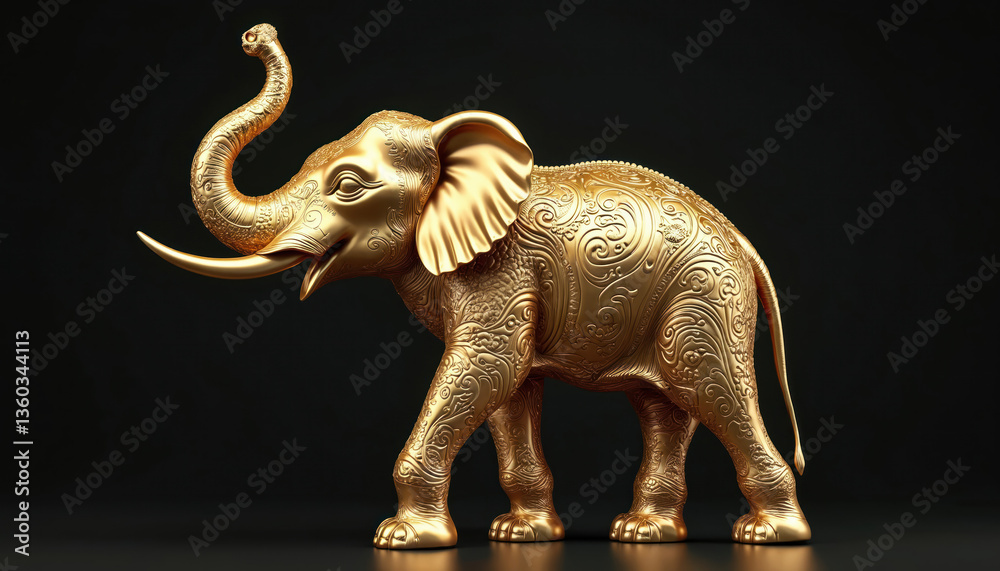 Golden elephant statue on black background. Antique gold elephant with raised trunk. Decor object, symbol of wealth, prosperity, good luck, religion, Asian culture. Elegant golden figurine with Golden elephant statue on black background. Antique gold elephant with raised trunk. Decor object, symbol of wealth, prosperity, good luck, religion, Asian culture. Elegant golden figurine with