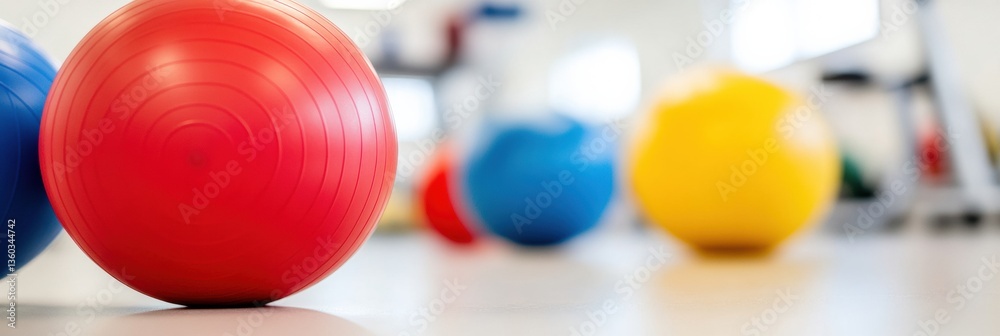 Naklejka premium Adaptive Wellness Revolution Colorful Balance Therapy Balls in Dynamic Rehabilitation Space - Neurodevelopmental Training and Holistic Movement Innovation