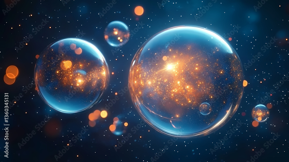Glowing transparent spheres on dark blue background