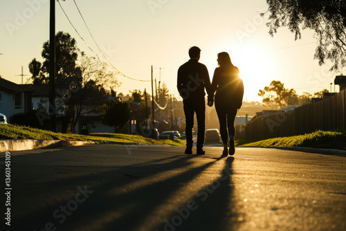 A Caucasian couple walking home at dawn after a long night of talking, still reluctant to say goodbye.