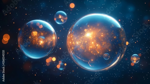 Glowing transparent spheres on dark blue background