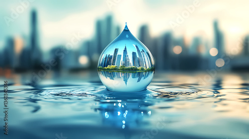 Water drop reflecting city skyline