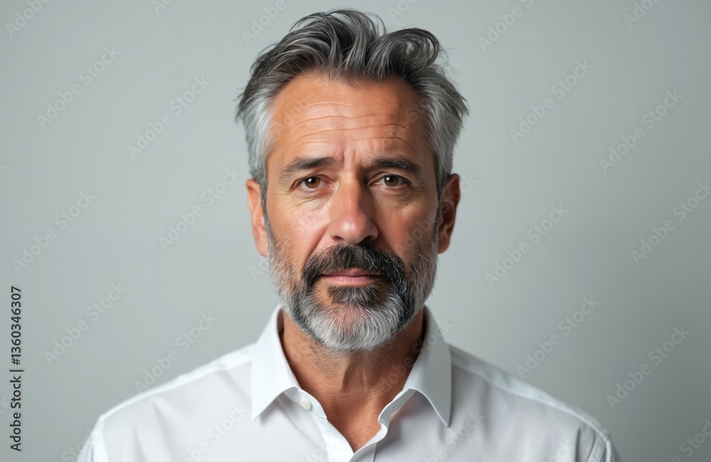 Fototapeta premium Mature man with grey hair, beard. Caucasian adult, one person portrait. Serious expression, close-up, formal business attire. White shirt on grey background. Successful, confident businessman.