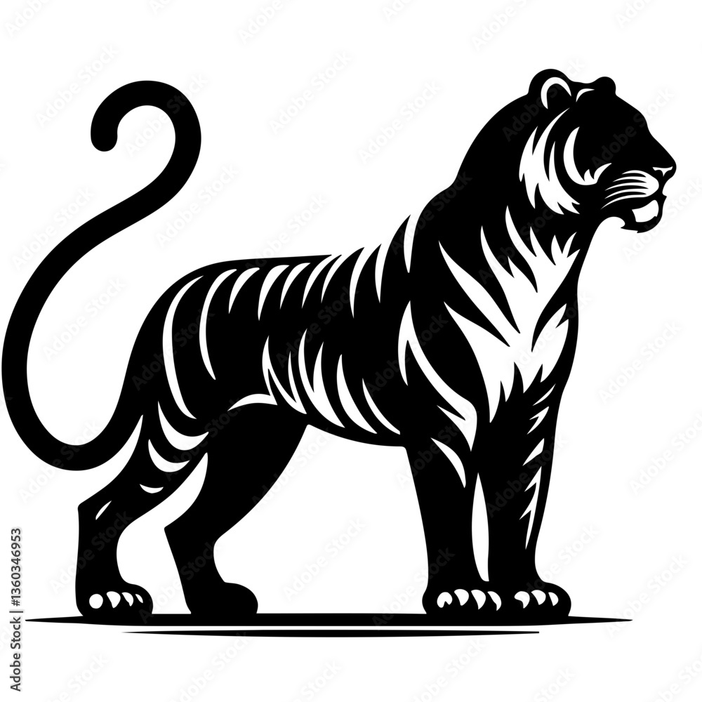 Obraz premium black and white illustration, stylized tiger, side view, strong stance, bold stripes, graphic design, silhouette, minimalist, heraldic style, vector art, tribal art influence, powerful feline.