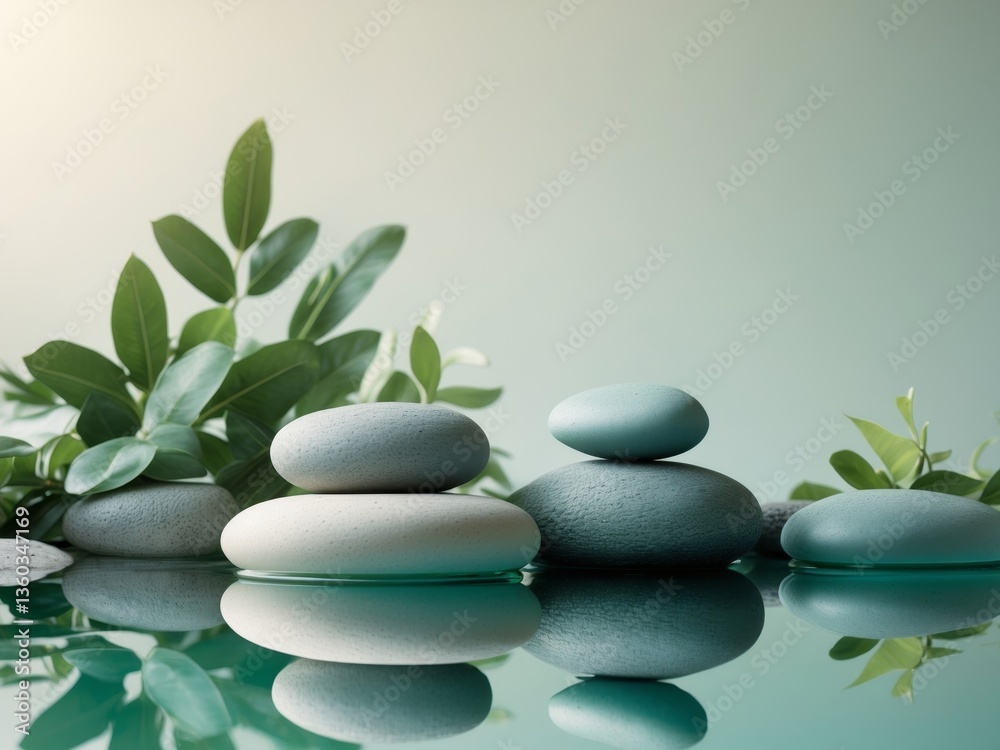 Obraz premium Serene Spa Stones and Greenery Reflection on Teal Water