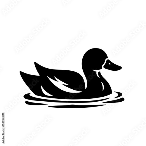 Silhouette of a duck, floating on water, minimalistic design, black and white, simple and clean lines, vector style illustration, calm and peaceful ambiance.
