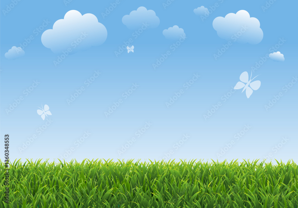 Obraz premium Spring Poster With Green Grass And Clouds