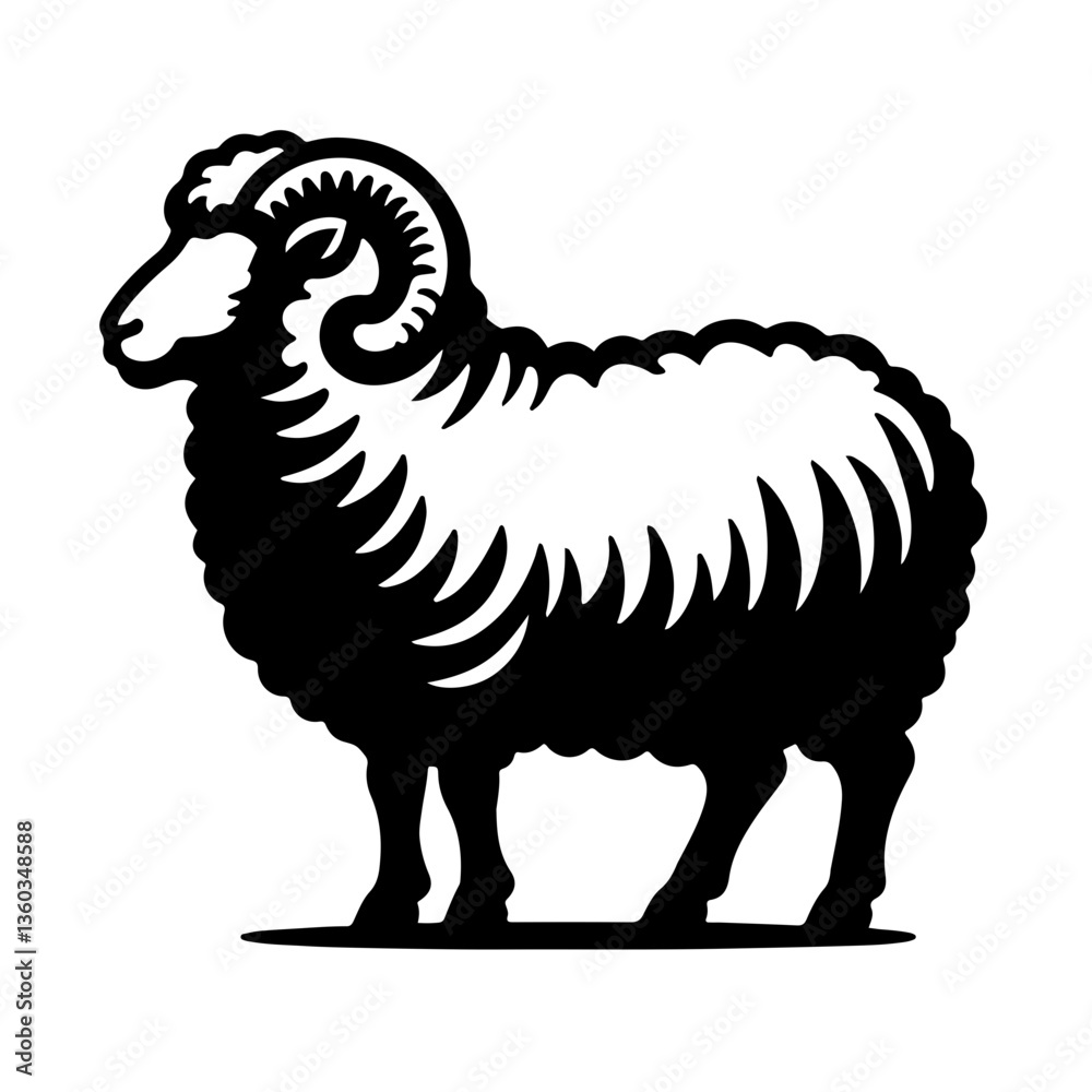 Obraz premium Ram silhouette, intricate black and white design, bold contrast, artistic illustration, side profile, minimalistic style, detailed wool texture, traditional artwork, standing pose 