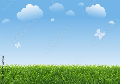 Spring Poster With Green Grass And Clouds
