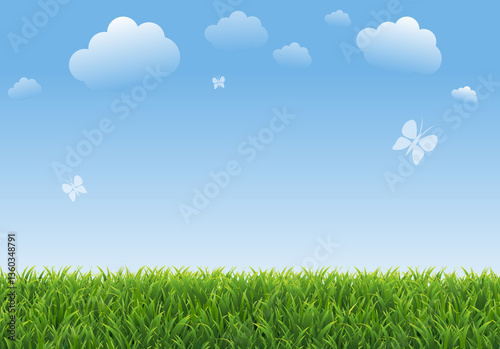 Spring Poster With Green Grass And Clouds