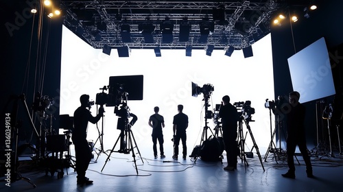 A professional film studio production set with a full crew working behind the scenes, featuring large lighting equipment, motion picture cameras, and silhouetted figures creating cinematic scenes