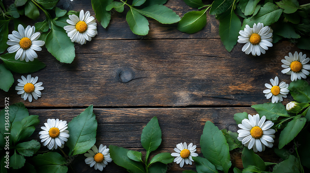 Fototapeta premium a flat lay arrangement of wild daisies and green leaves on a natural wood