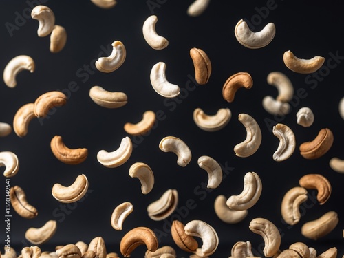 Group cashew nuts scattered black background cashews are Flying delicious nuts