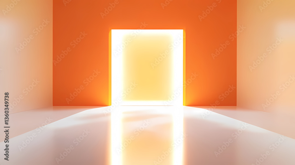 Orange wall and glowing door in a room