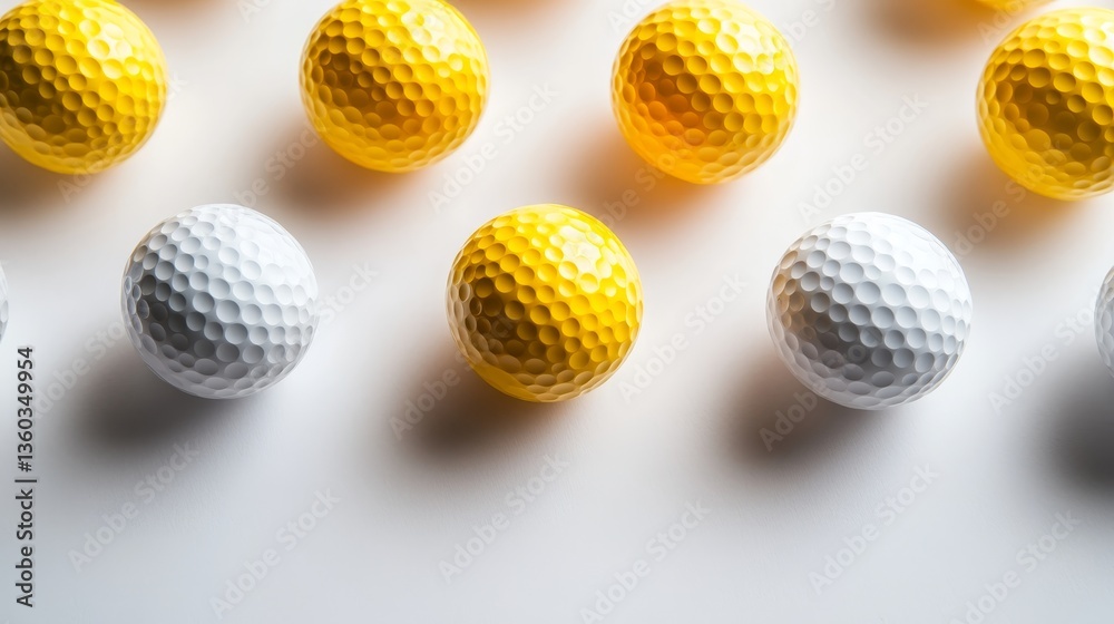 This composition features a close-up of dimpled golf balls, illustrating their precision and uniformity on a white background, allowing for ample copy space This composition features a close-up of dimpled golf balls, illustrating their precision and uniformity on a white background, allowing for ample copy space
