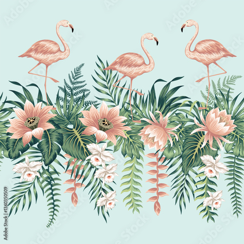 Flamingo bird, pink lotus flower, orchid, tropical leaves floral seamless garland. Floral wallpaper.	