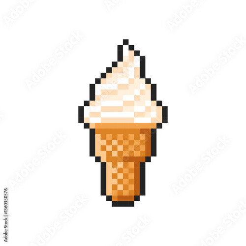 Pixel soft ice cream in a waffle cup isolated on transparent background. Pixelated badge, game asset or computer arcade item. Crisp waffle cone icon. Vector pixel art illustration in 16 bit old style.