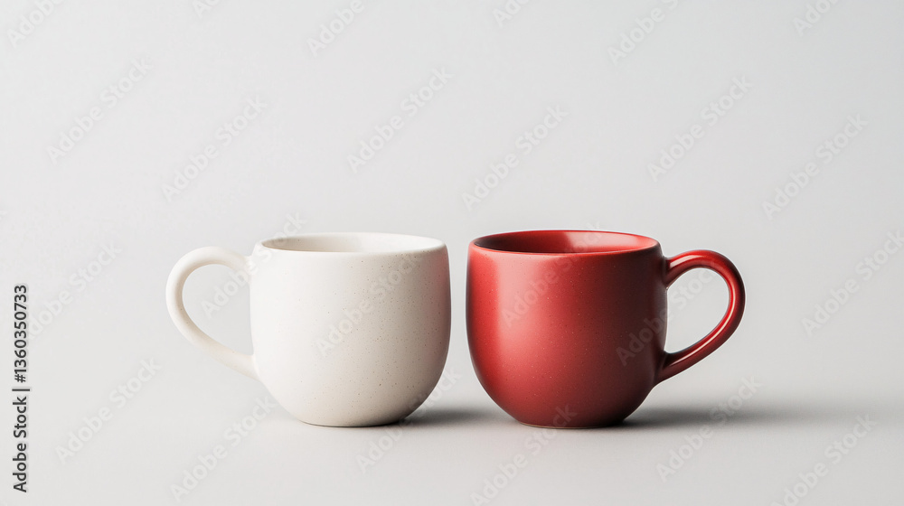 two coffee mugs with heart designs placed side by side against minimal background, romantic concept of couple connection, love and togetherness in simple ceramic drinkware photography
