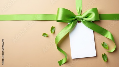 Green ribbon bow with blank white tag and copy space on beige background