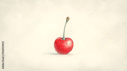 Single Red Cherry with Dewdrops, and White.