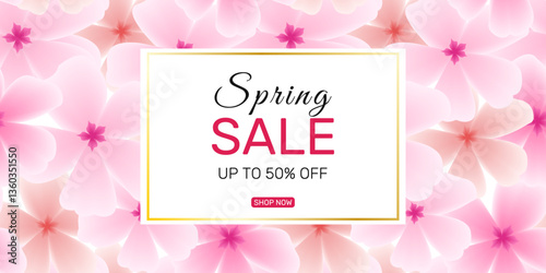 Spring promotion banner adorned with cherry blossoms and sakura petals set against white backdrop. Botanical vector illustration for posters, social media, web, cards