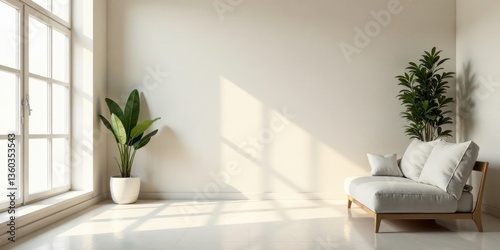 Serene Minimalist Interior Design Featuring a Light-Colored Chaise Lounge and Lush Greenery in a Sunlit Room
