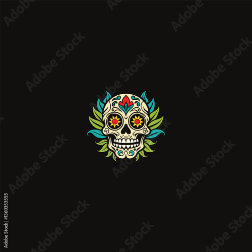Mexican Skull Cannabis Smoke Logo. Creative Colorful Skull Design with Cannabis and Smoke Elements