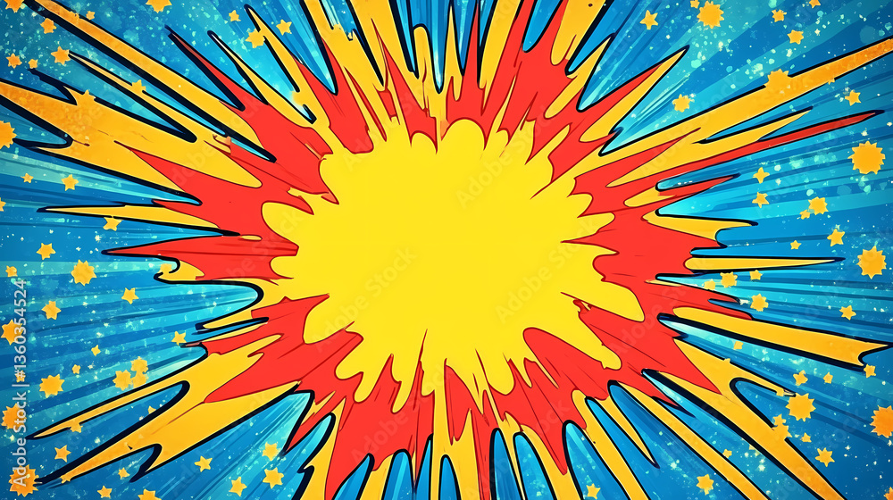 Explosion effect with colorful rays and stars