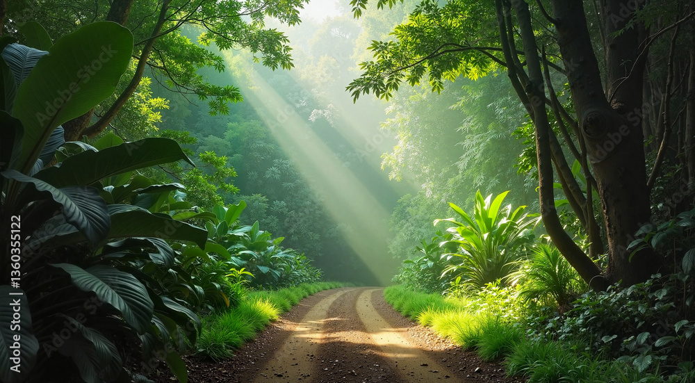 Fototapeta premium Serene forest pathway illuminated by sun rays through trees 
