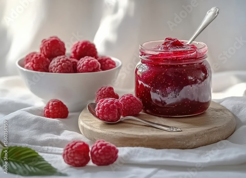 Wallpaper Mural Raspberry jam in jar with fresh raspberries on wooden board Torontodigital.ca