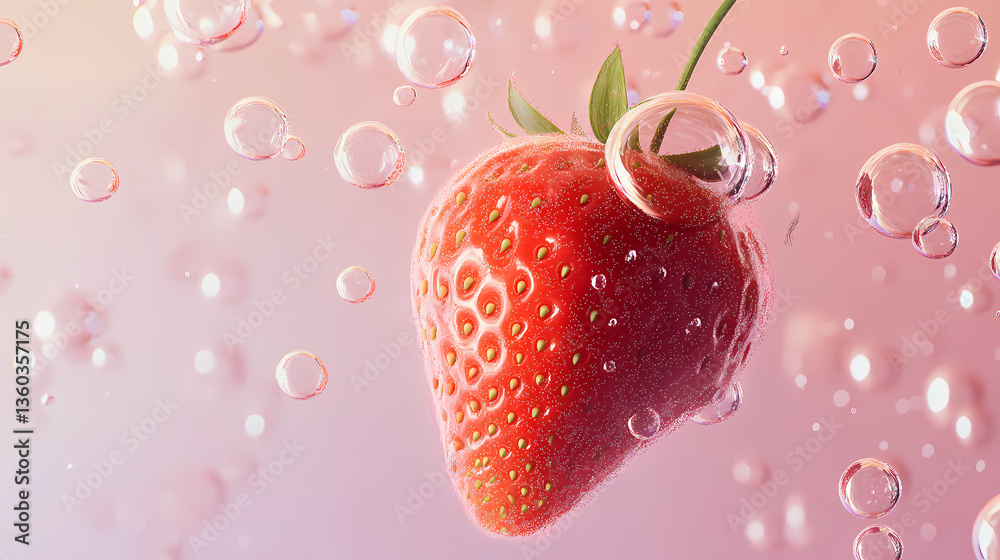 Fresh strawberry surrounded by water bubbles
