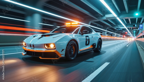 High-speed racing car with emergency lights driving in a tunnel  