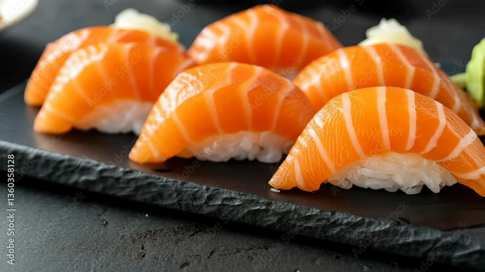 Delicate salmon nigiri presentation on dark slate, classic sushi cuisine Delicate salmon nigiri presentation on dark slate, classic sushi cuisine