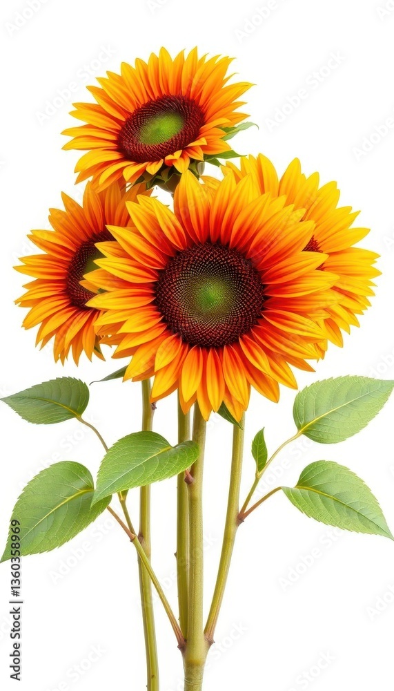 Fototapeta premium Three vibrant sunflowers, stems, and leaves, isolated on white, flowers, botanical, art