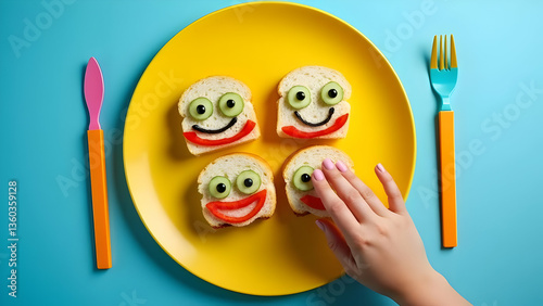 Funny Food Art - Smiling Sandwich Faces on Plate