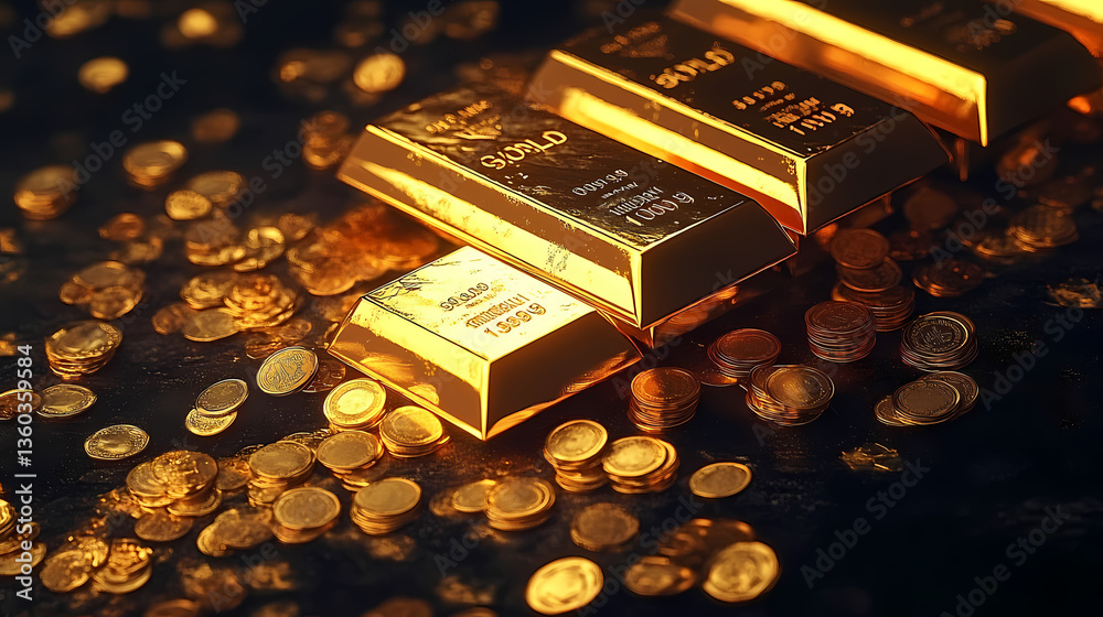 Gold coins and bars stacked on a dark background